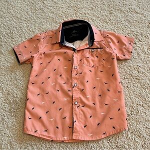 Boys‎ Soft Casual Button Down Dinosaur Print Shirt - Coral, Black Size 4T